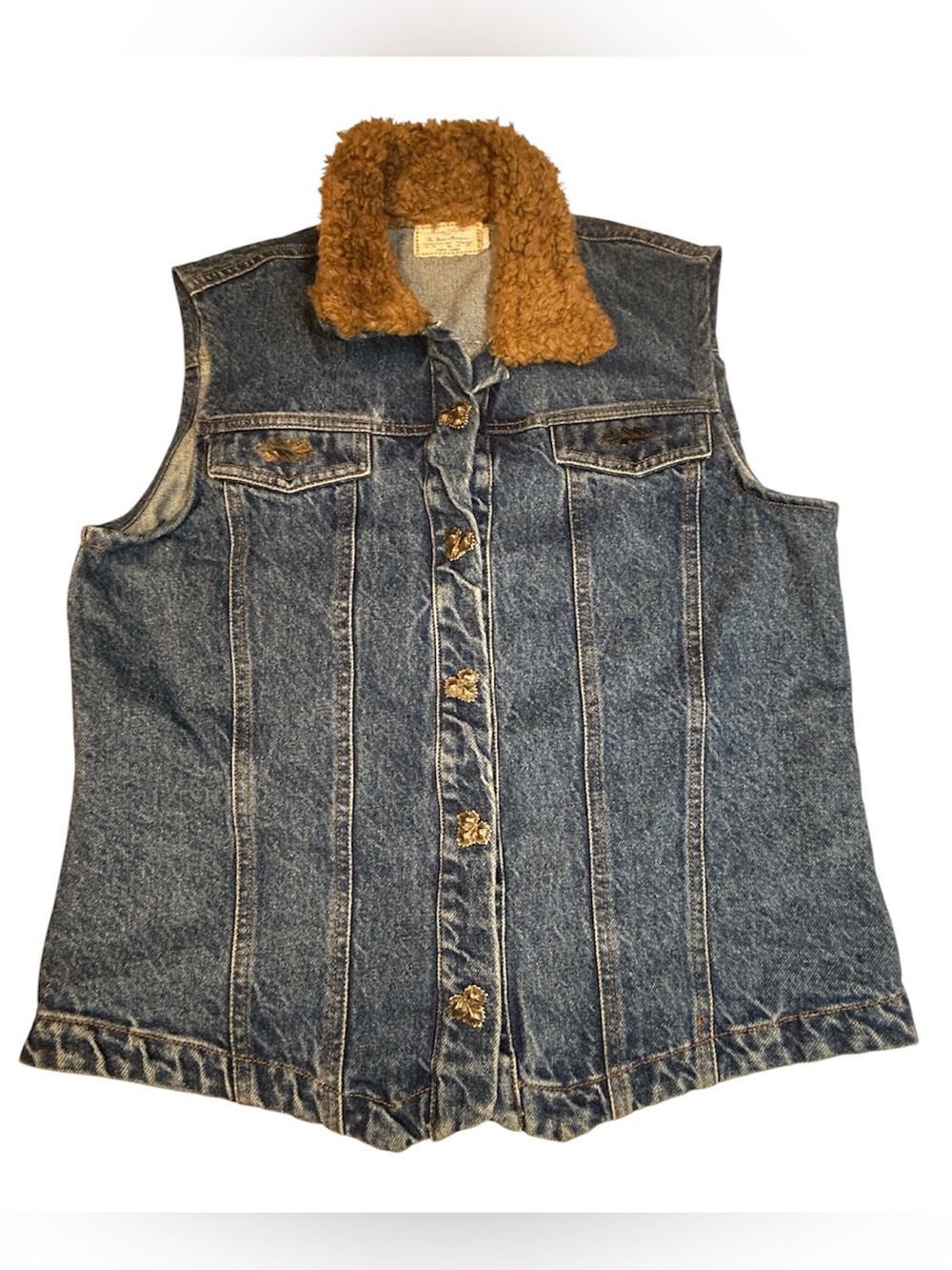 Vintage Brass Menagerie Denim Vest XL Sherpa Collar Leaf Buttons Western Boho